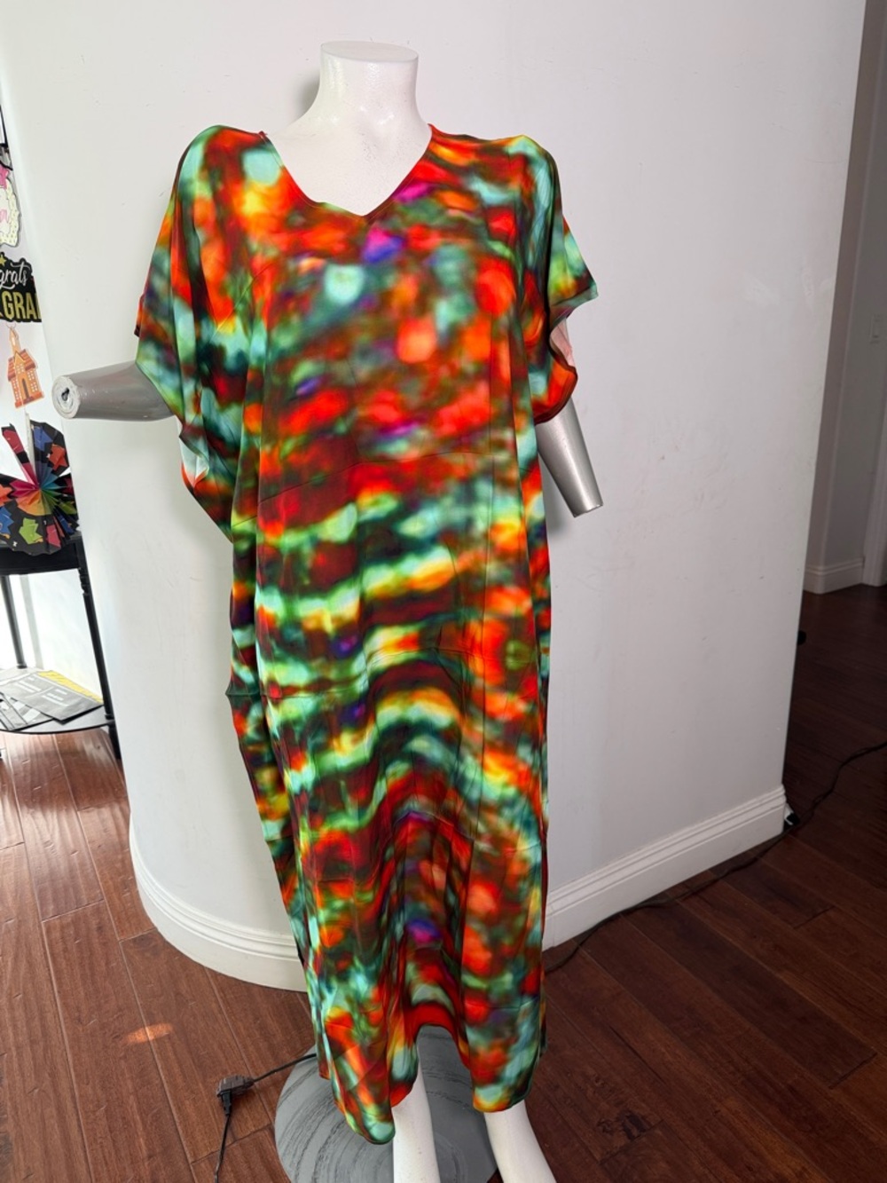 Bohemian  Green Red Multi Tie-Dye Maxi Dress Caftan Muumuu Beach Summer Boho